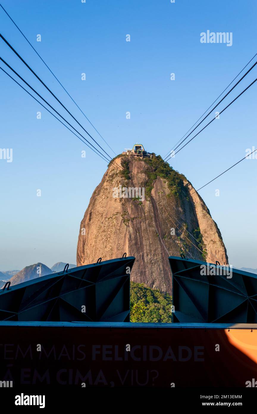 Sugar loaf mountain and its gondola close up in Rio de Janeiro, Brazil