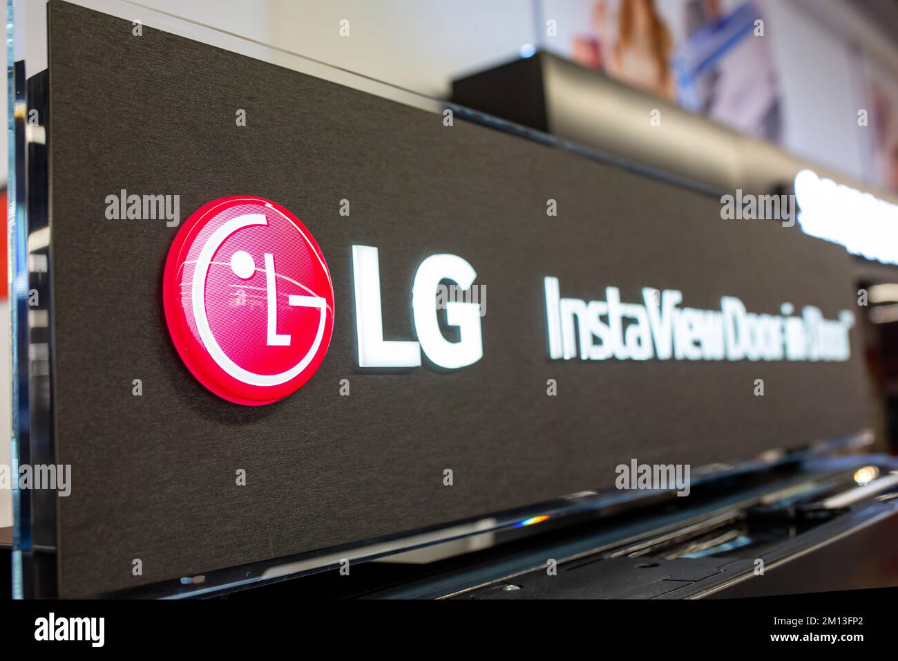 LG logo. Bright neon LG sign. South Korean multinational electronics