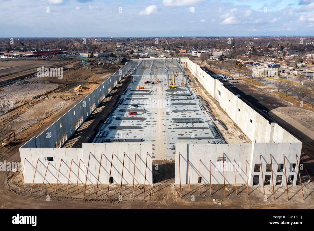Harper Woods, Michigan - A huge e-commerce development is rising on the site of the former Eastland Shopping Center, which closed after years of decli Stock Photo