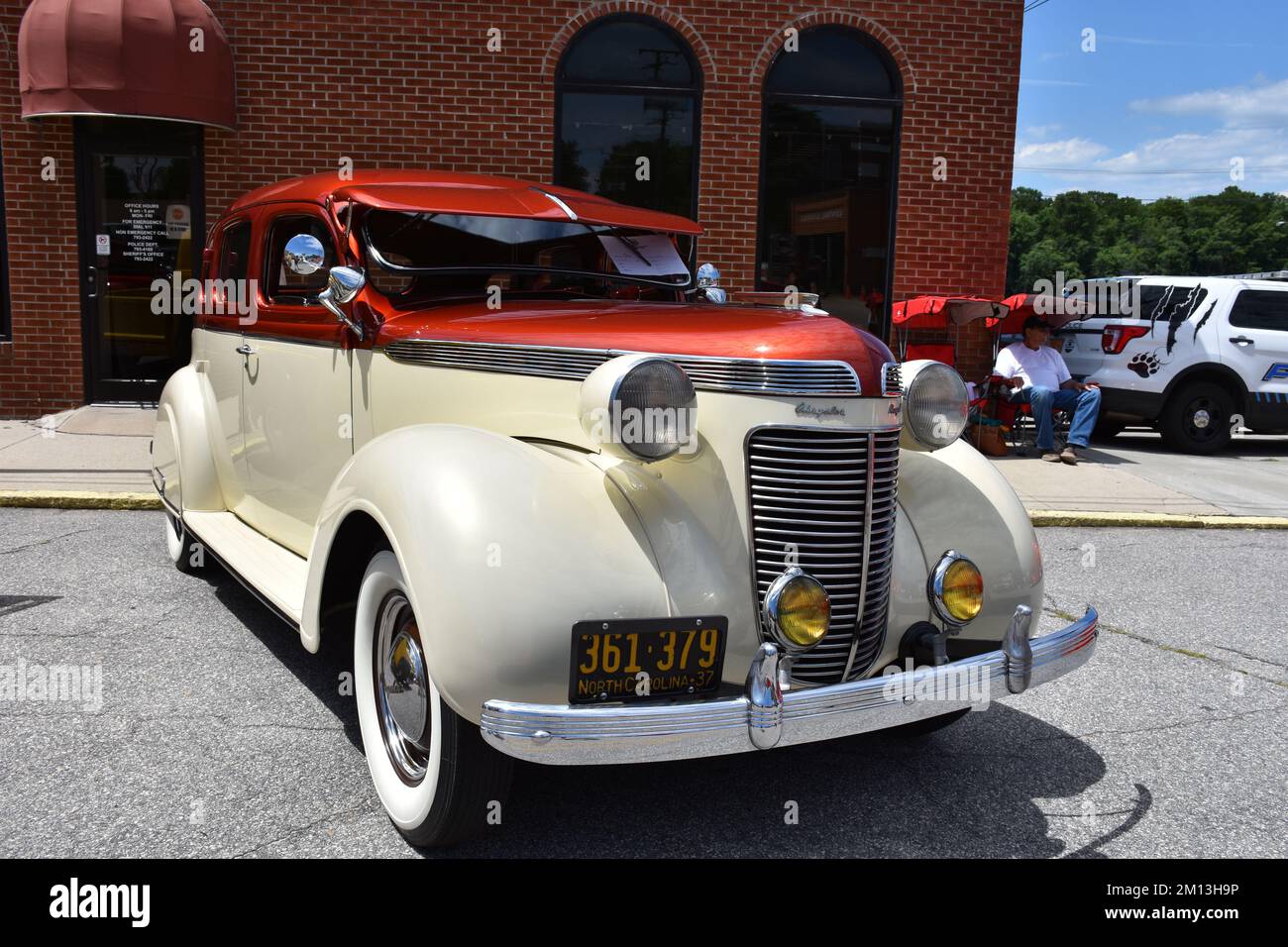 A 1937 Chrysler Royal on display at a Car Show. Stock Photo