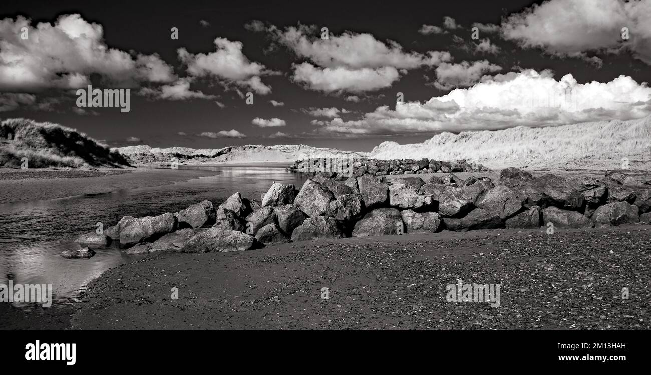 Black and white photographs of Traeth Crigyll Rhosneigr on the western   coast on Isle of Anglesey, North Wales UK, Autumn. Stock Photo