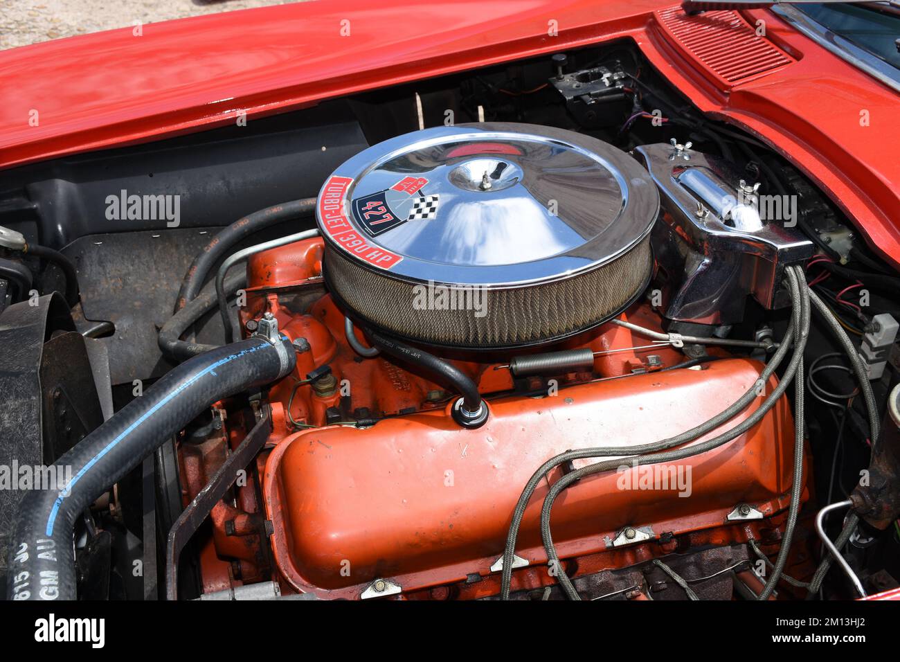 A 427cid Chevrolet engine in a Chevrolet Corvette. Stock Photo