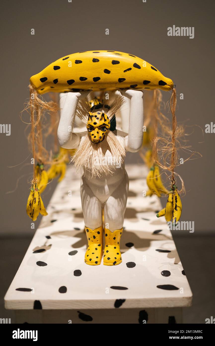 A sculpture titled "The yellow banana loader" seen during the opening