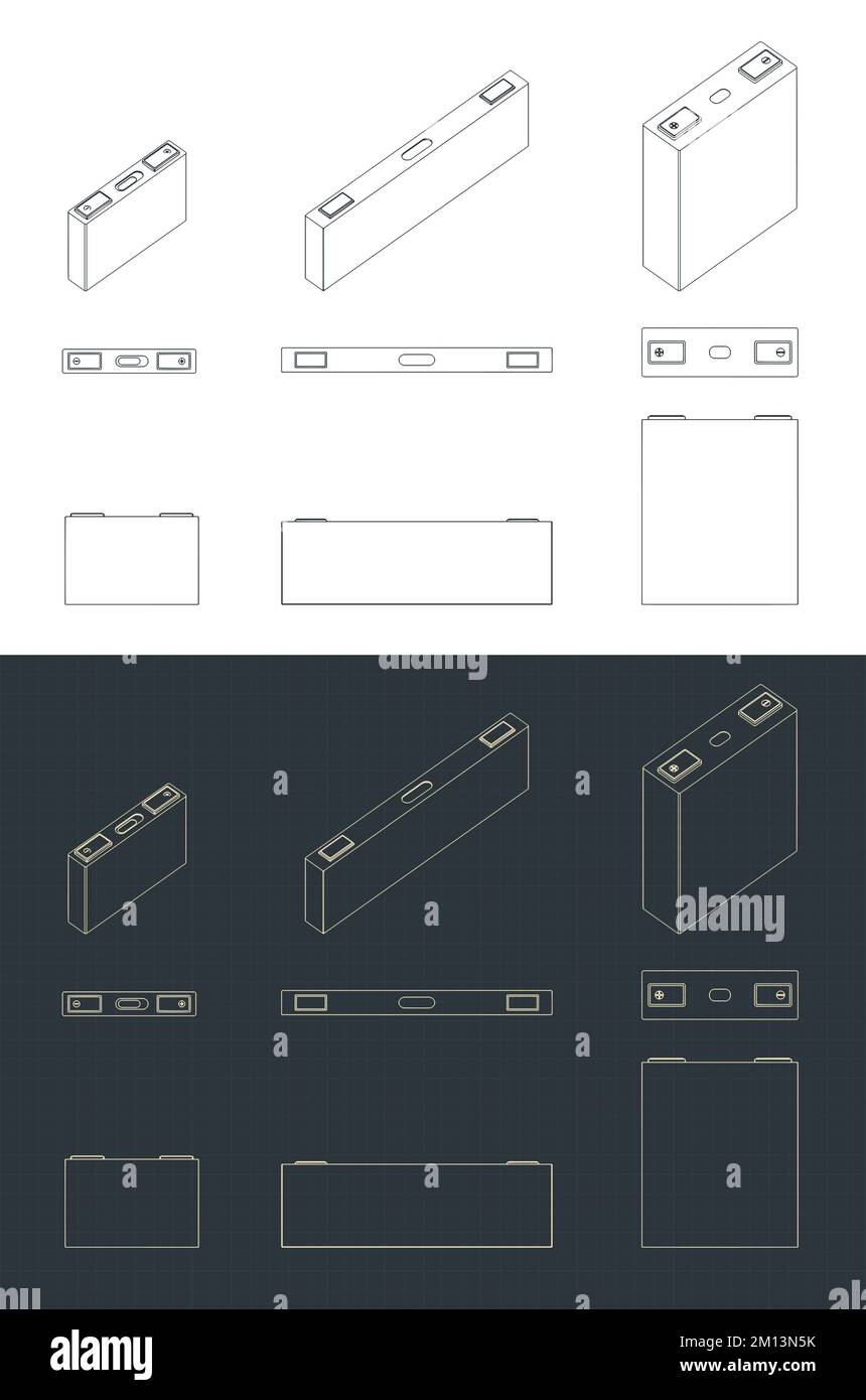 Stylized vector illustrations of blueprints of batteries cell set Stock ...
