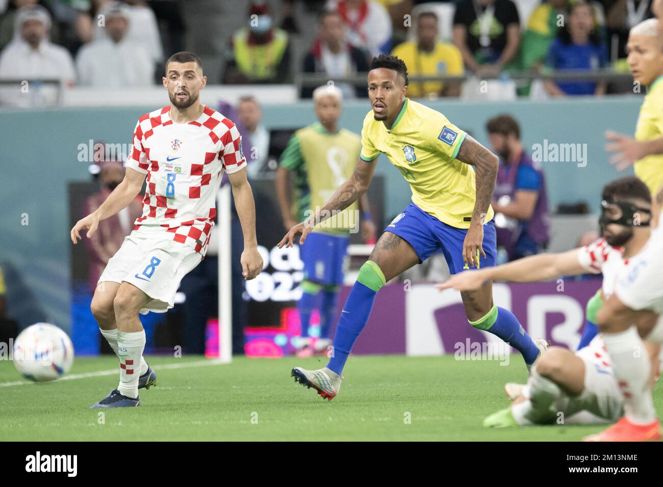Doha, Qatar. 10th Dec, 2022. Eder Militao of Brazil and Mateo Kovacic of Croatia in action during the FIFA World Cup Qatar 2022 quarter final match between Croatia and Brazil at Education City Stadium on December 09, 2022 in Doha, Qatar. Photo by David Niviere/ABACAPRESS.COM Credit: Abaca Press/Alamy Live News Stock Photo