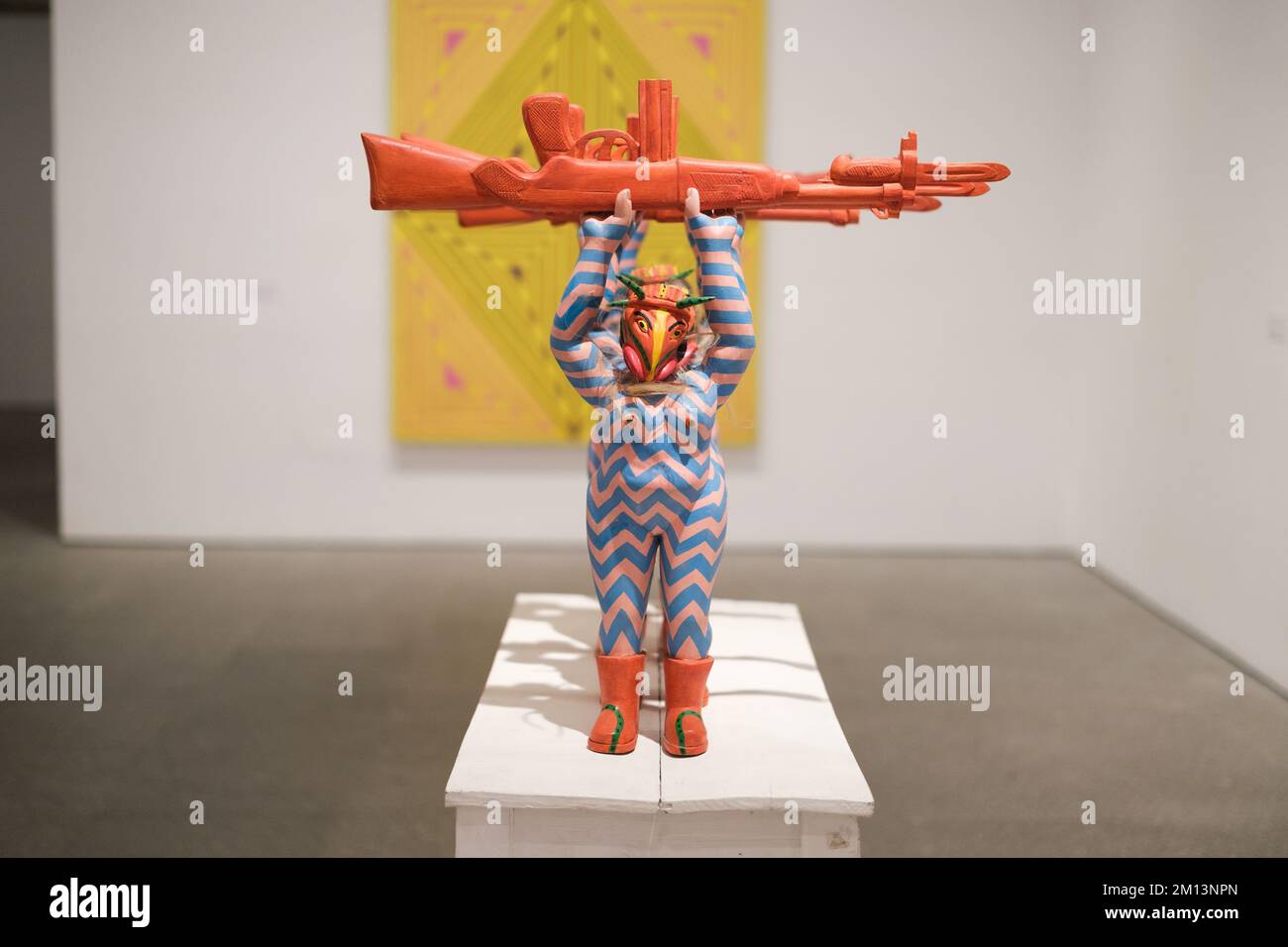 Madrid, Spain. 09th Dec, 2022. A sculpture titled 'the guerrillas' seen during the opening of the exhibition by Guatemalan artist Margarita Azurdia. The Reina Sofía Museum in Madrid inaugurated the exhibition 'Margarita Rita Rica Dinamita' (1931 - 1998). The artist's exhibition of more than one hundred works is the first in Spain and Europe. It presents the unique work of a symbolic figure with a restless, playful, transgressive spirit that permeates the Guatemalan artistic context of the second half of the 20th century. Margarita's exhibited work is an extensive production that includes paint Stock Photo