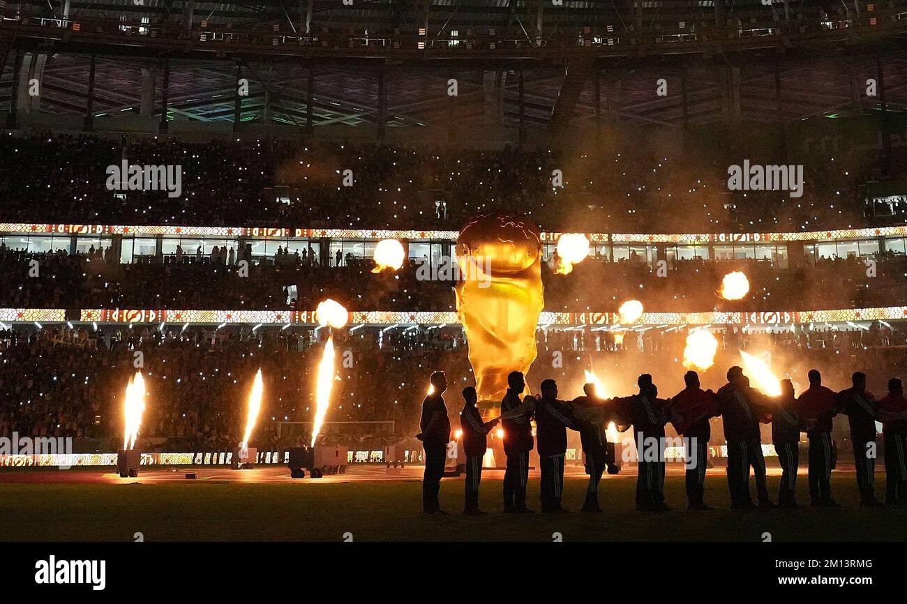 December 9th, 2022, Education City Stadium, Doha, QAT, World Cup FIFA 2022, quarterfinals, Croatia vs Brazil, in the picture opening ceremony with oversized World Cup trophy and fireworks. Stock Photo