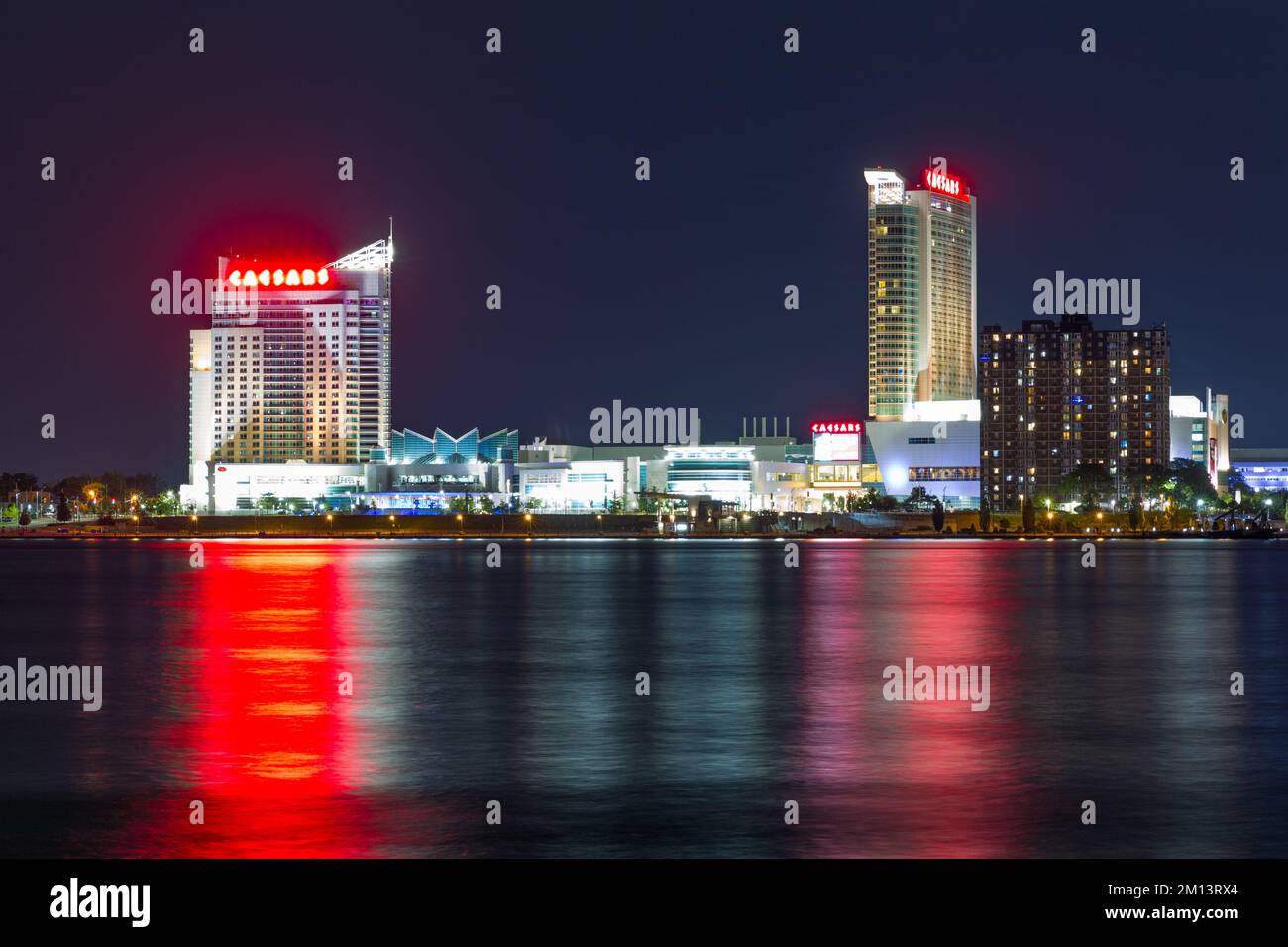 A night view of Caesar's Windsor Hotel and Casino in Windsor, Ontario, Canada, seen from Detroit