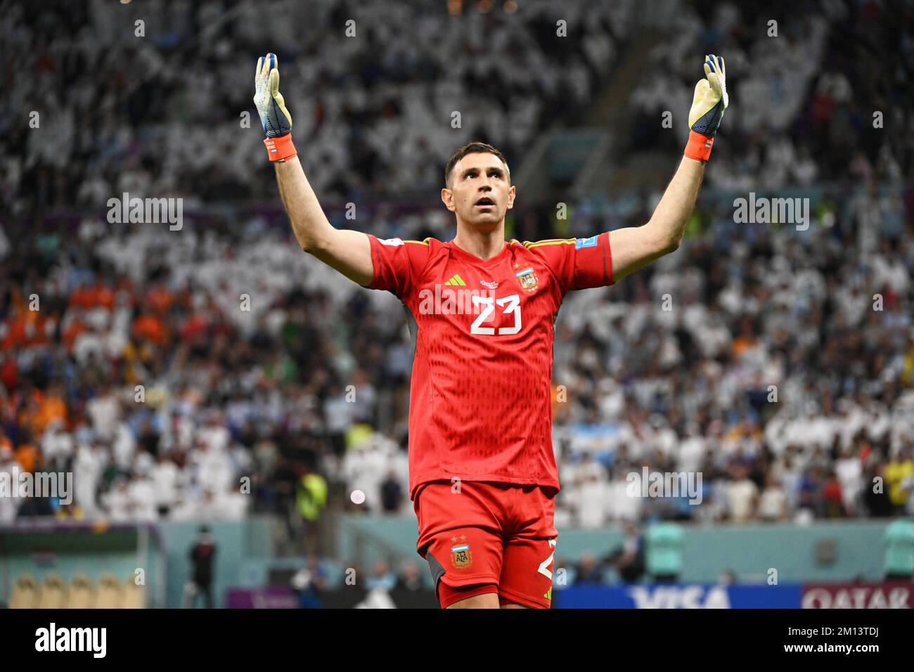 9th December 2022: Lusail Stadium, Lusail, Qatar: FIFA World Cup football, quarter finals, Netherlands versus Argentina: Emiliano Martinez Argentina asks the fans for noise after a save Stock Photo