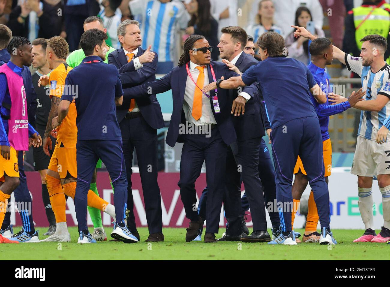 Lusail, Qatar. 10th Dec, 2022. Edgar Davids Assistant Coach of Netherlands reacts to the Argentine team during the FIFA World Cup Qatar 2022 Quarter Final match between Netherlands and Argentina at Lusail Stadium, Lusail, Qatar on 9 December 2022. Photo by Peter Dovgan. Editorial use only, license required for commercial use. No use in betting, games or a single club/league/player publications. Credit: UK Sports Pics Ltd/Alamy Live News Stock Photo