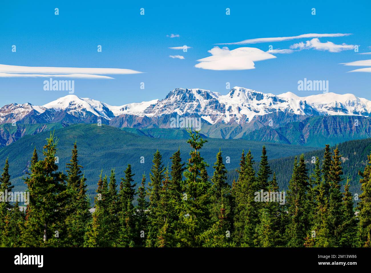 Snow capped St. Elias Mountains; Kluane National Park; Alaska Highway; Yukon Territory; Canada Stock Photo