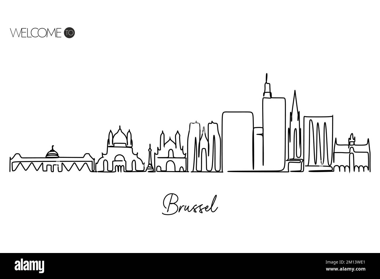 Brussel skyline line drawing World Famous tourism destination. Simple hand drawn style design for travel and tourism promotion campaign Stock Vector