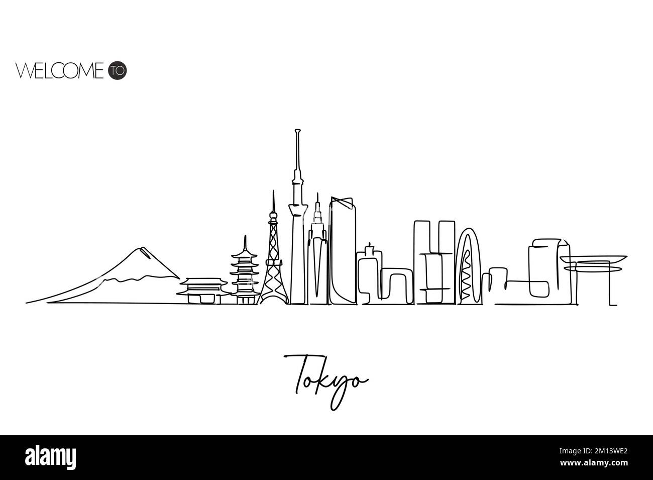 Continuous line drawing of Tokyo city skyline Japan. World Famous tourism destination. Simple hand drawn style design for travel and tourism promotion Stock Vector