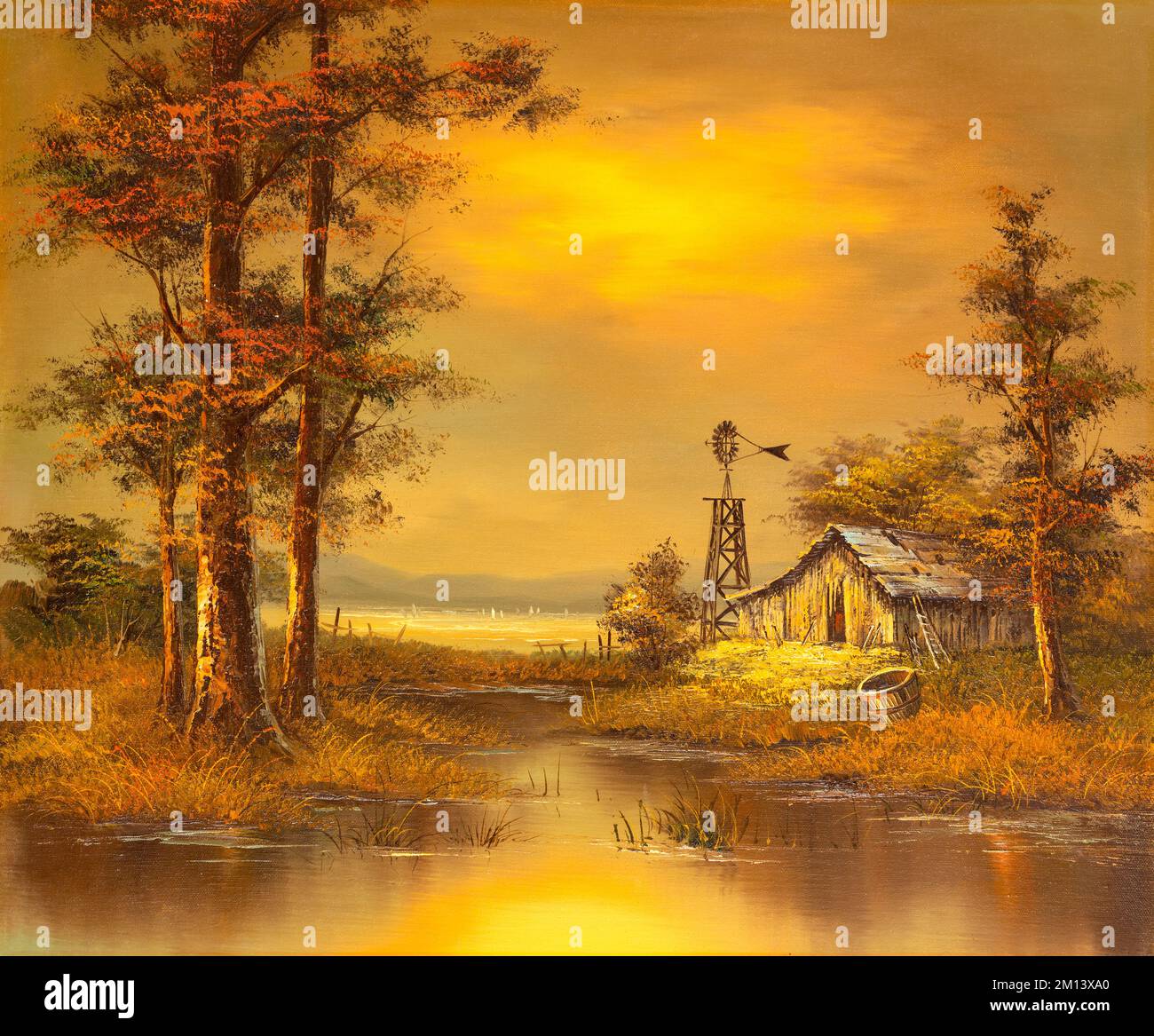 Vintage landscape oil painting depicting a country scene with a