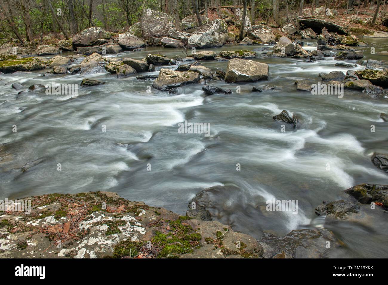 Water flowing through a rocky creek in Cumberland Mountain Tennessee shows the peaceful, surreal tone of being in the wilderness. Stock Photo