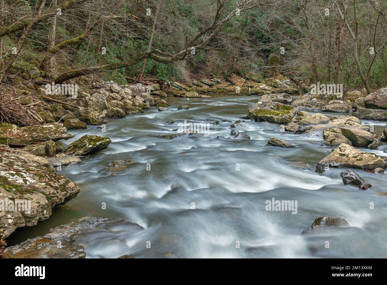 Water flowing through a rocky river in Cumberland Mountain Tennessee shows the peaceful, surreal tone of being in the wilderness. Stock Photo