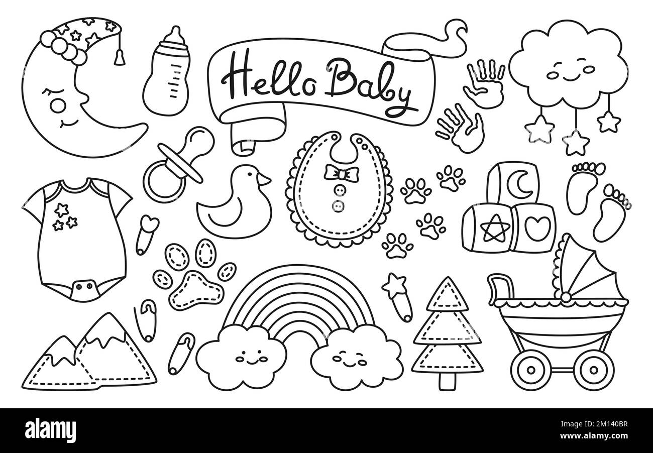 Baby newborn nursery objects linear doodle set. Birthday child memory scrapbook line kit. Kids symbol and icon accessory collection. Hand drawn decoration cute rainbow moon, cloud, nipple, footprint Stock Vector