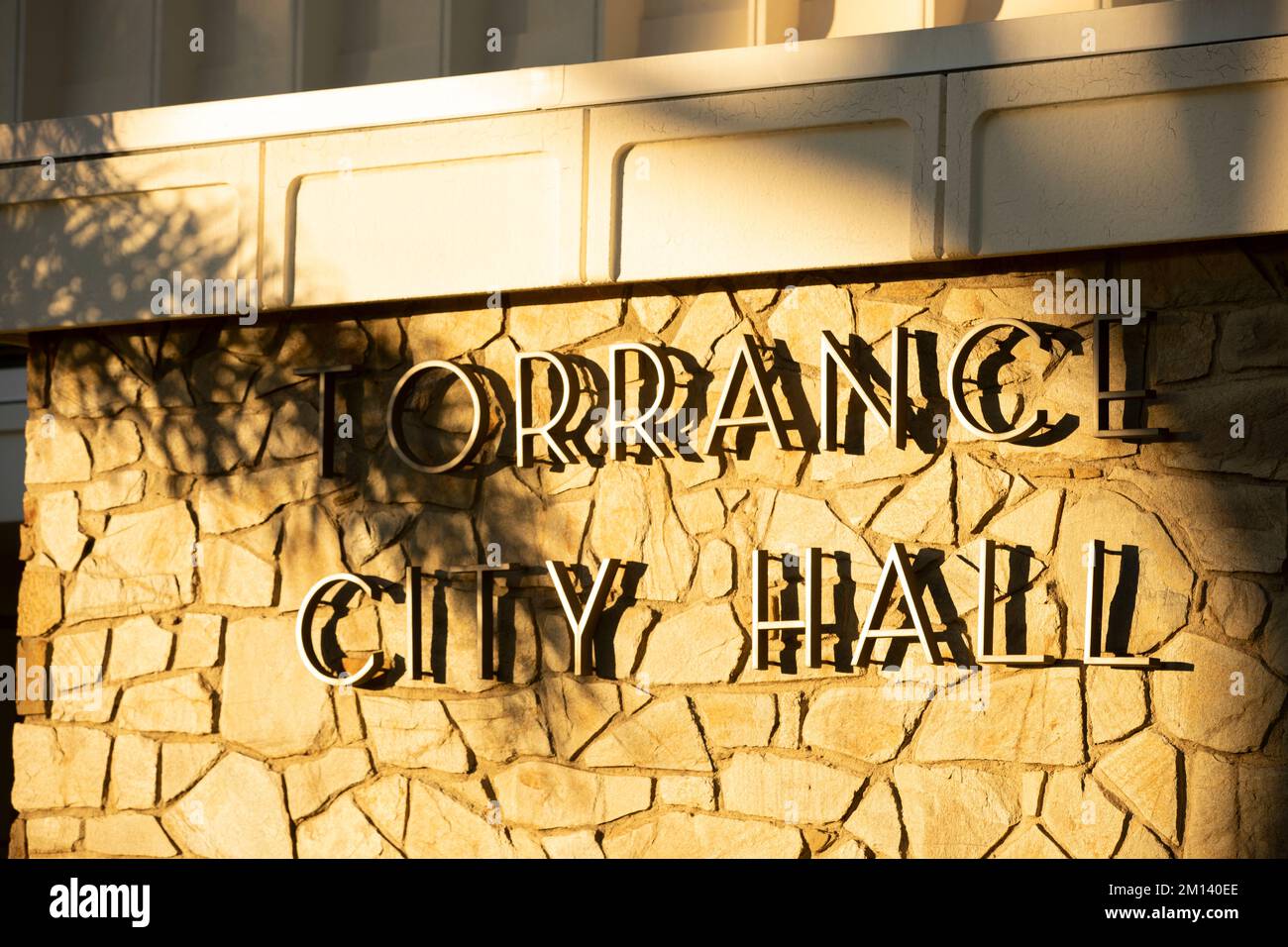 Torrance, California, USA - November 25, 2022: Sunset light illuminates the downtown City Hall of Torrance. Stock Photo