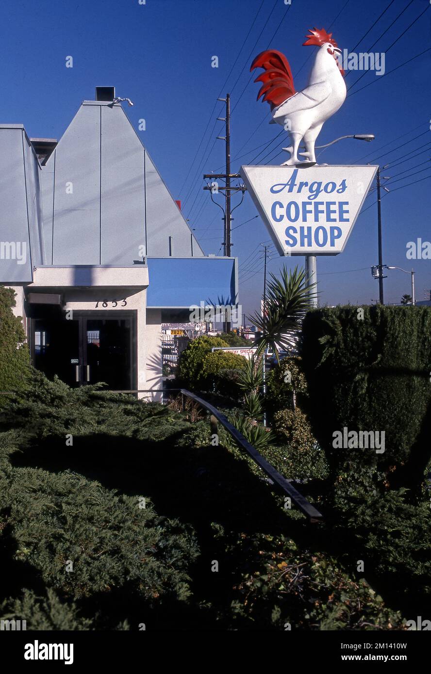 Three-dimensional chicken sign Argos Coffee Shop on Santa Monica Blvd. near Fairfax Ave. in Los Angeles, CA Stock Photo
