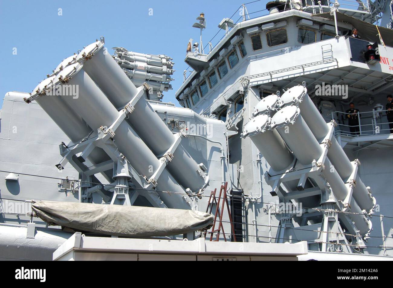 Kanagawa Prefecture, Japan - April 14, 2007: Indian Navy 3M24 Uran ship-to-ship missile launcher on INS Mysore (D60). Stock Photo