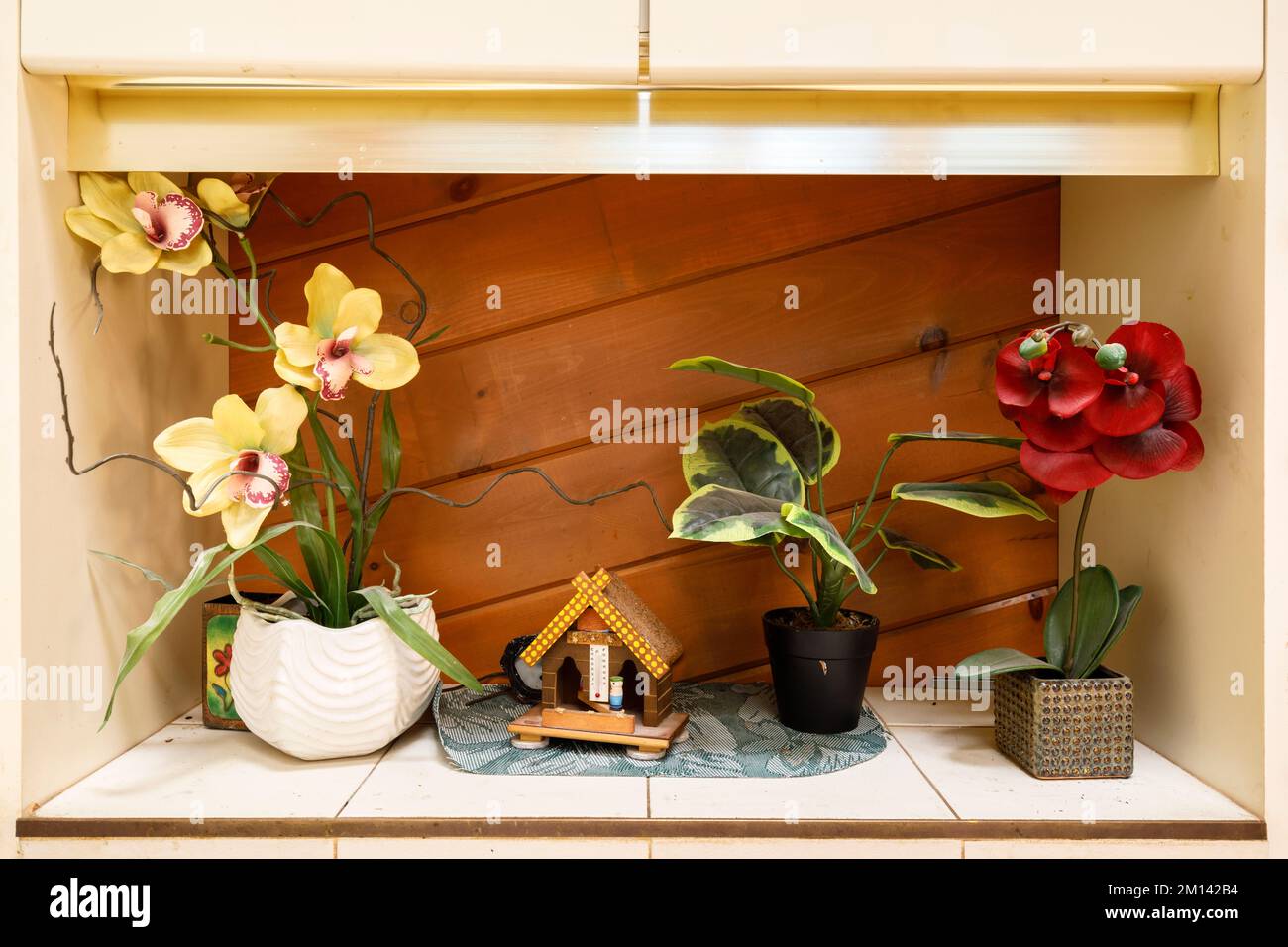 Fake plants on a shelf. This house is now demolished. Stock Photo