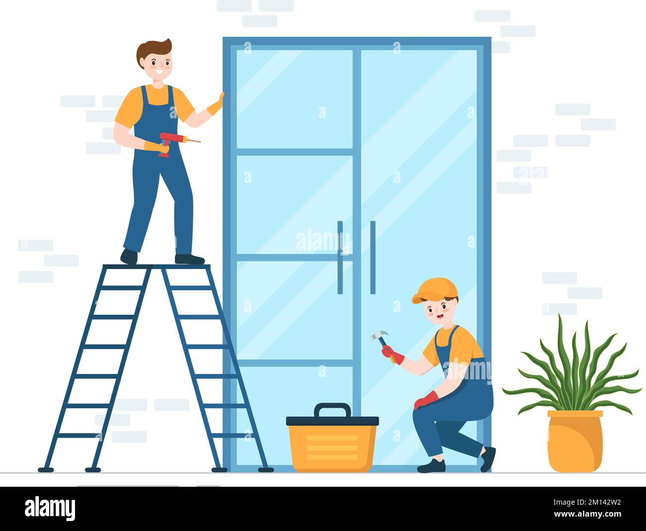 Window and Door Installation Service with Worker for Home Repair and Renovation use Tools in Flat Cartoon Hand Drawn Template Illustration Stock Vector