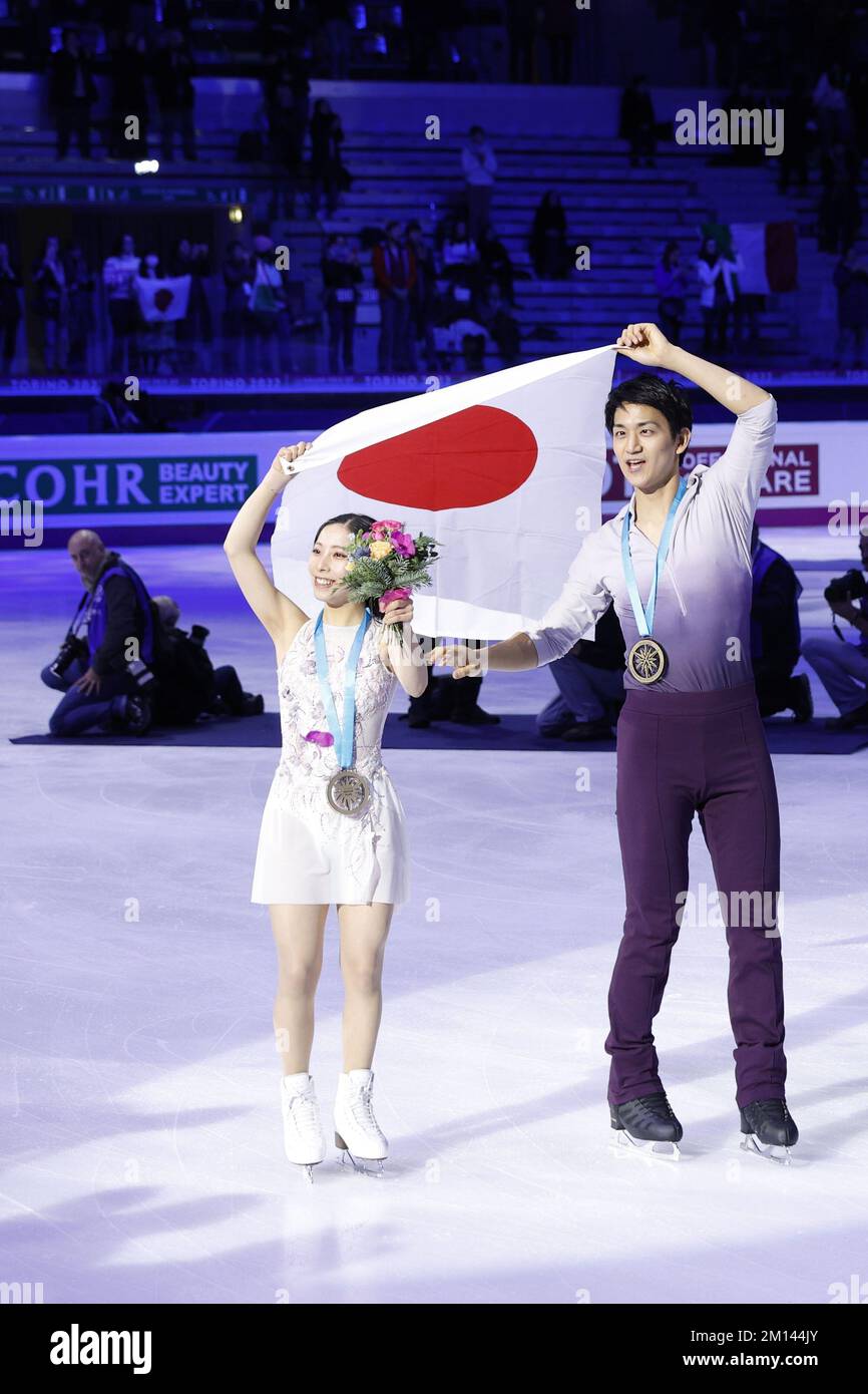 Pairs skaters Riku Miura (L) and Ryuichi Kihara of Japan celebrate