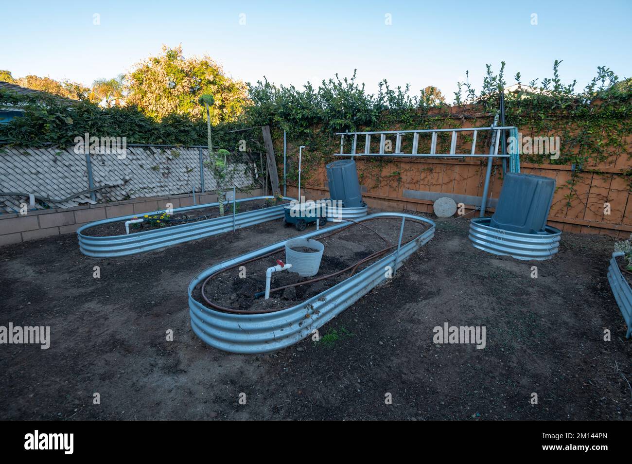 Raised garden beds in a backyard.  Stock Photo