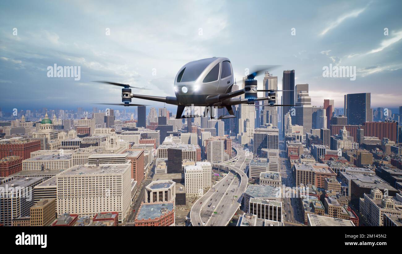 Autonomous Driverless Aerial Vehicle Fly Across City, 3d Render Stock ...