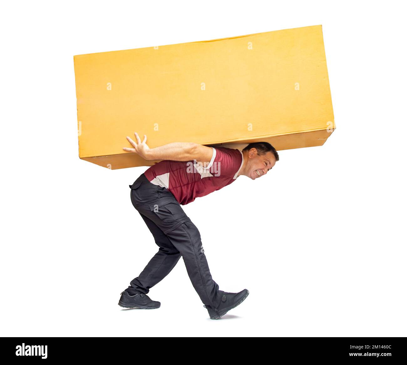 Courier delivering a large package, isolated on a white background. Stock Photo