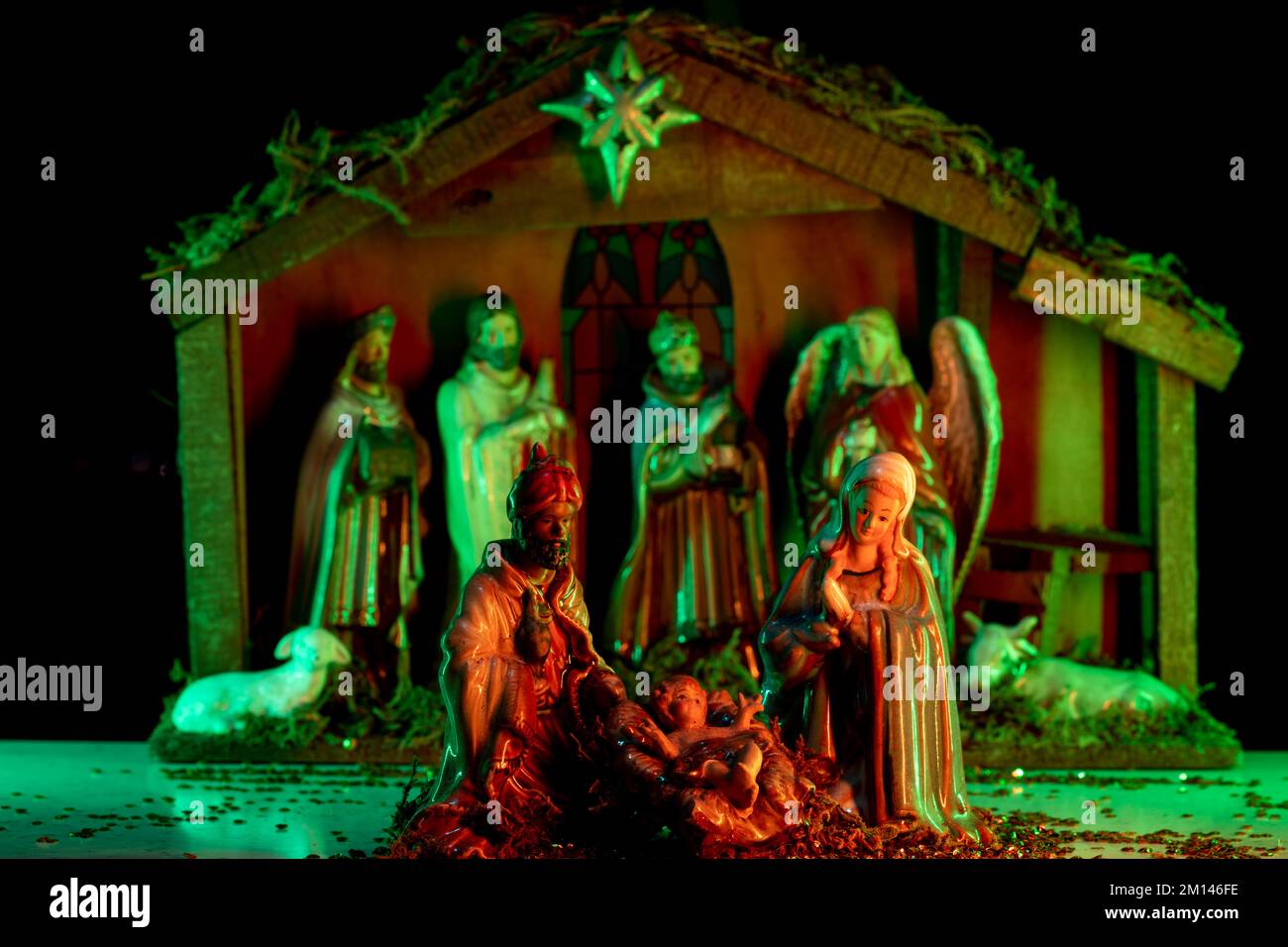 Nativity scene with figures. A Christmas scene with baby Jesus, Mary ...