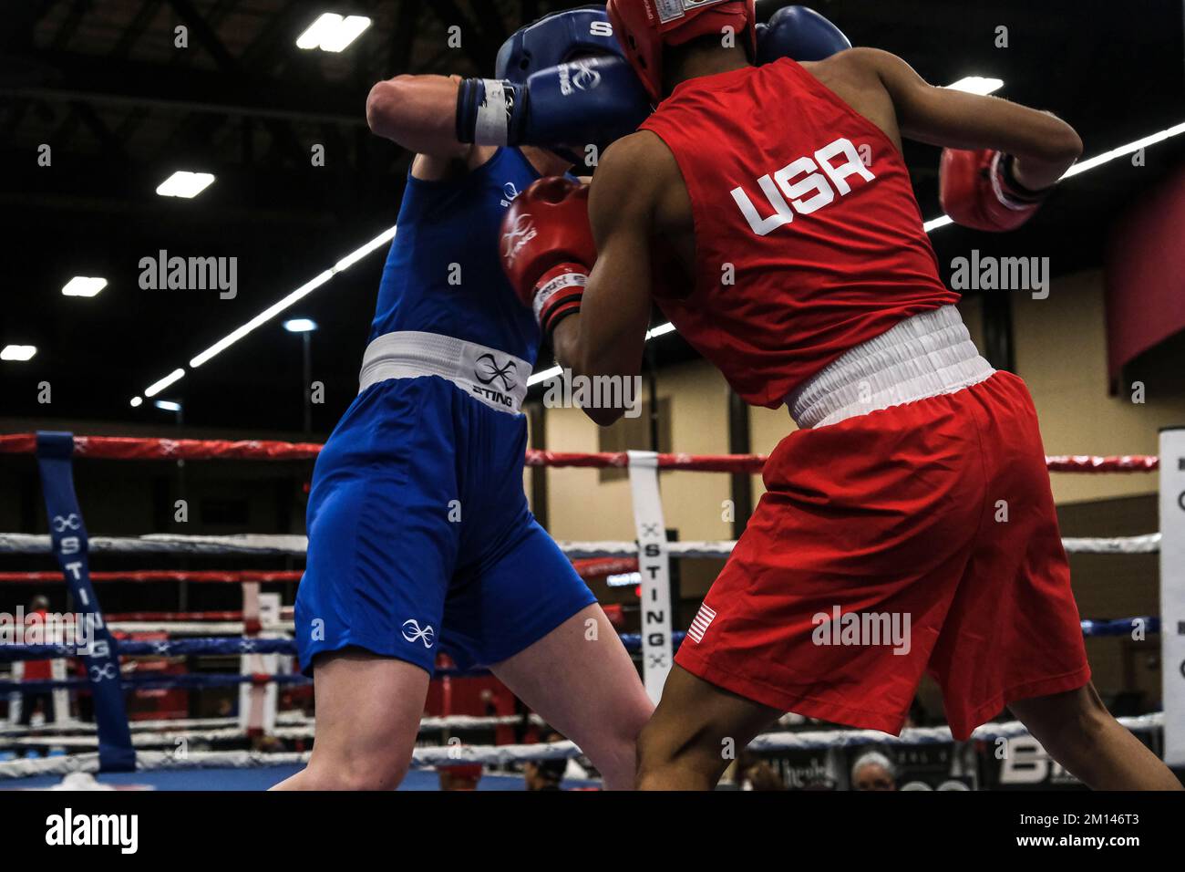 Lubbock, TX, USA. 9th Dec, 2022. Action between Stacia Suttles of Philadelphia, PA (red) and Christine Forkins (blue) of Nashville, TN in an Elite Female 146lb semi final bout. Suttles was declared the winner of the contest by decision and advances to the finals. (Credit Image: © Adam DelGiudice/ZUMA Press Wire) Credit: ZUMA Press, Inc./Alamy Live News Stock Photo