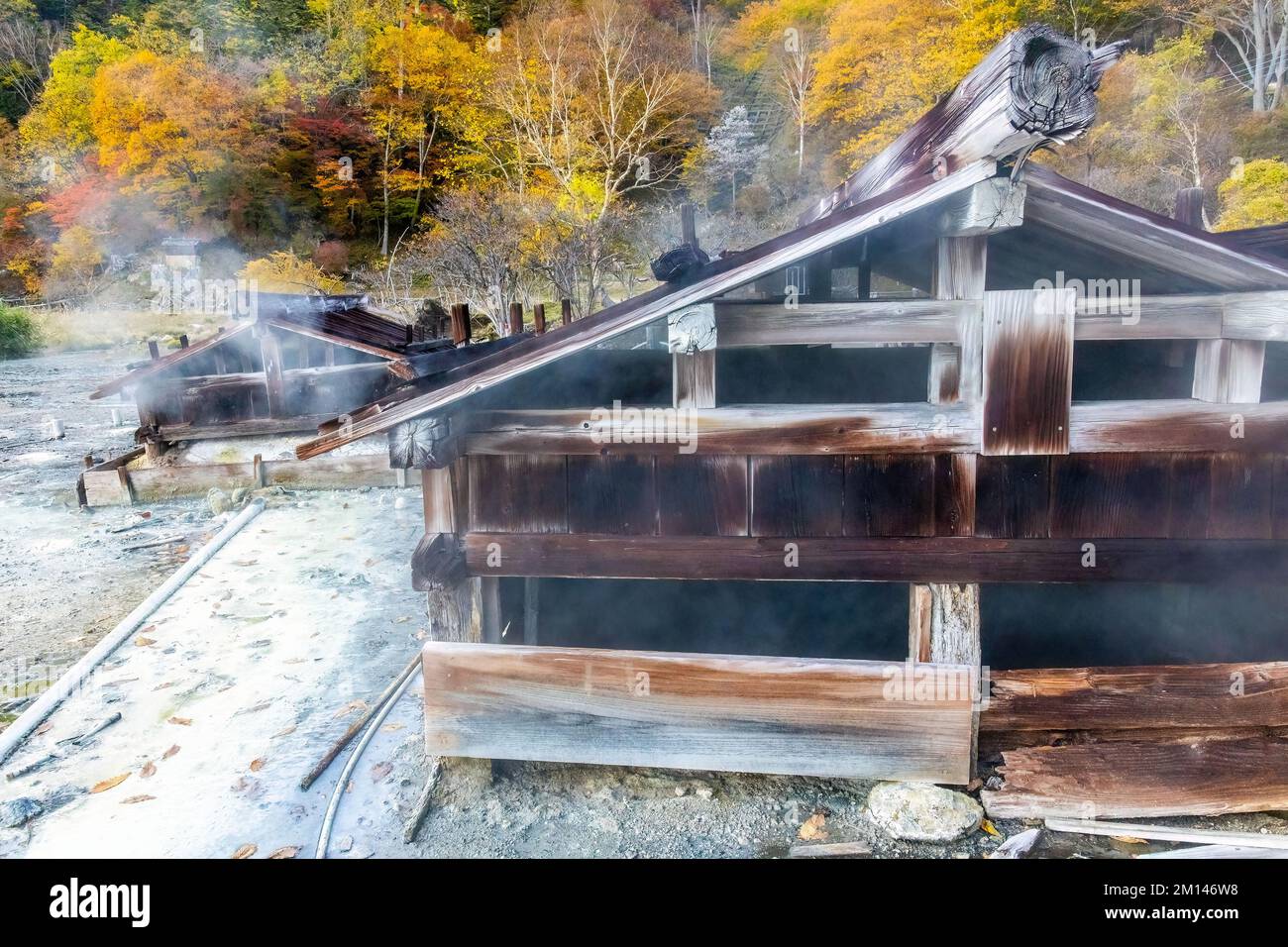 Old wooden onsen bath houses spa buildings in swamp at Nikko Japan. Translation from Japanese: Restricted access. Stock Photo