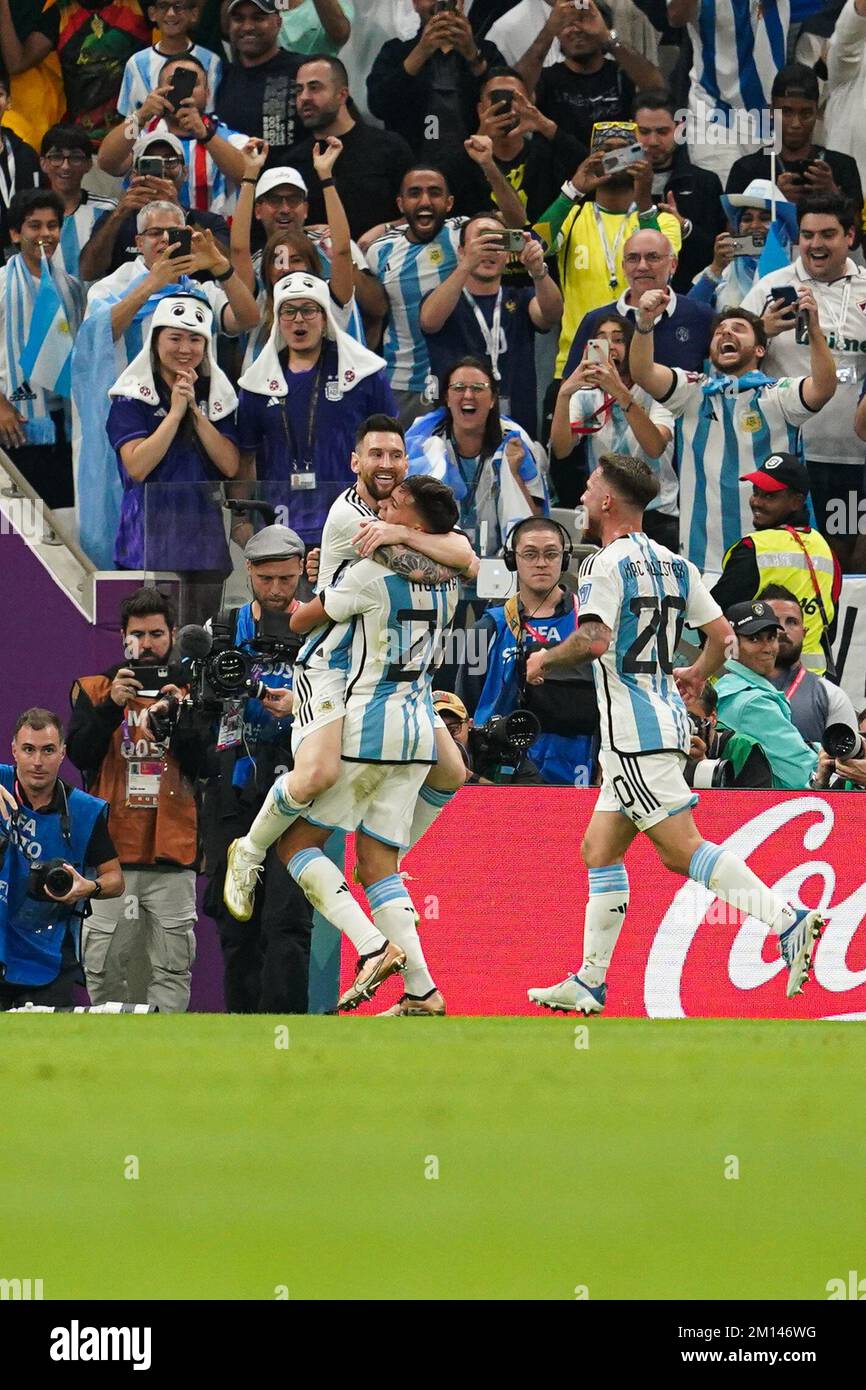 LUSAIL, QATAR - DECEMBER 9: Nahuel Molina of Argentina celebrates after scoring a goal with Lionel Messi (c) of Argentina and  the team during the FIFA World Cup Qatar 2022 quarter final match between Netherlands and Argentina at Lusail Stadium on December 09, 2022 in Lusail, Qatar. (Photo by Florencia Tan Jun/PxImages) Credit: Px Images/Alamy Live News Stock Photo