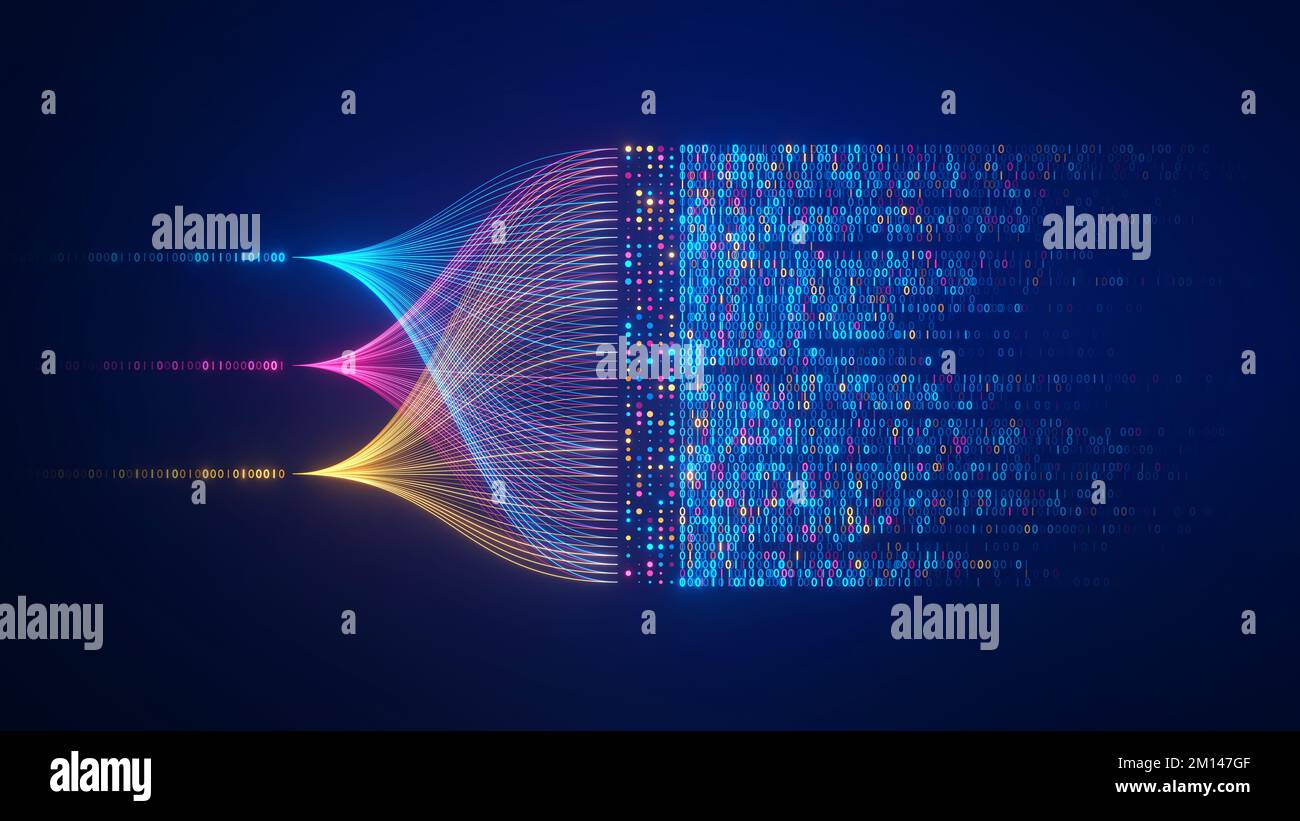 Big data technology and data science illustration. Data flow concept. Querying, analysing, visualizing complex information. Neural network for artific Stock Photo