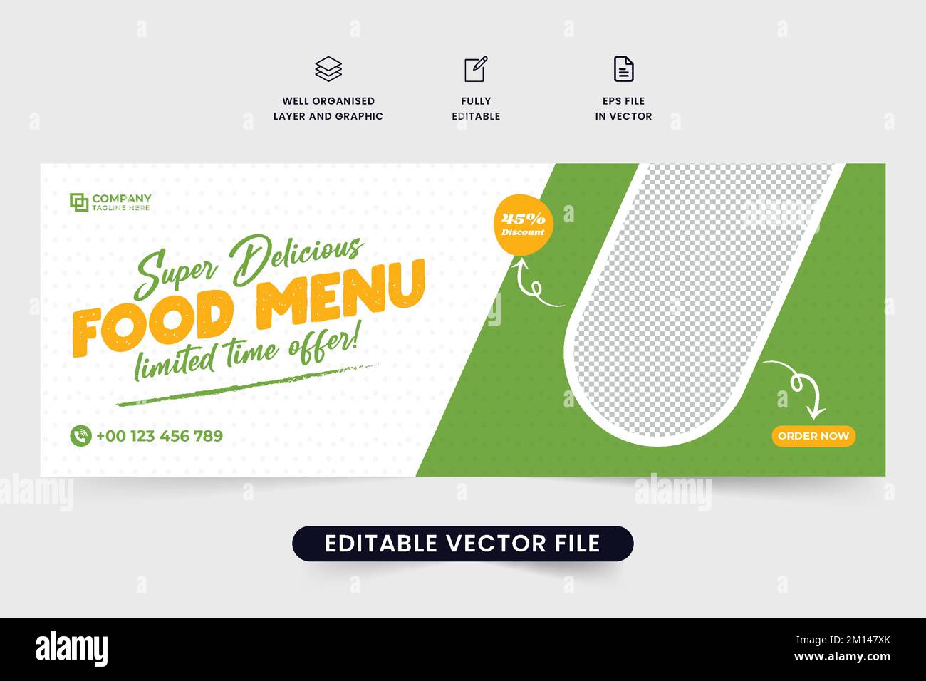 Restaurant food web banner design with orange and green colors. Food menu social media cover vector with abstract brush effect. Food menu discount off Stock Vector