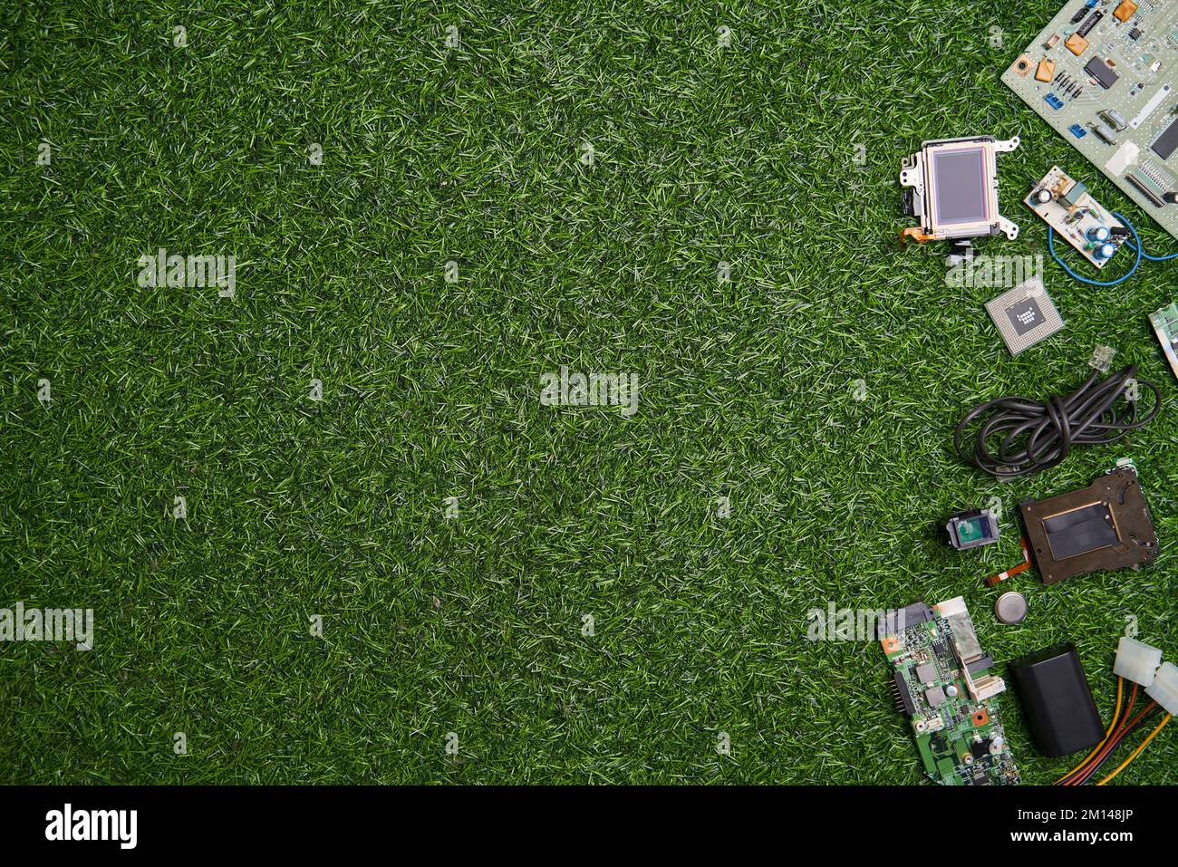 Many microchips, batteries, wires, spare parts of gadget for recycling. Concept of zero waste