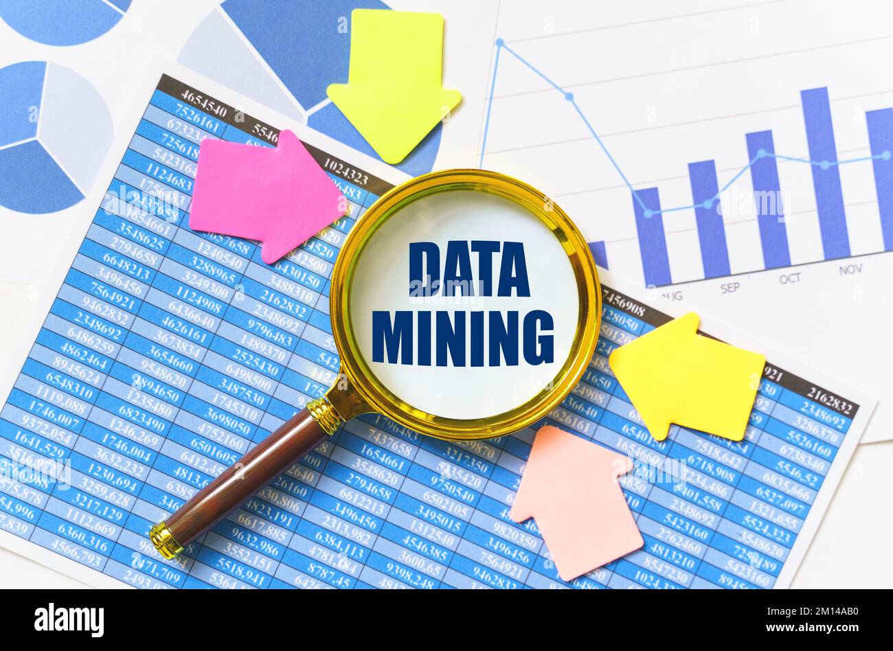 Business and finance concept. On the table are financial reports, charts and a magnifying glass, inside which the inscription - DATA MINING Stock Photo