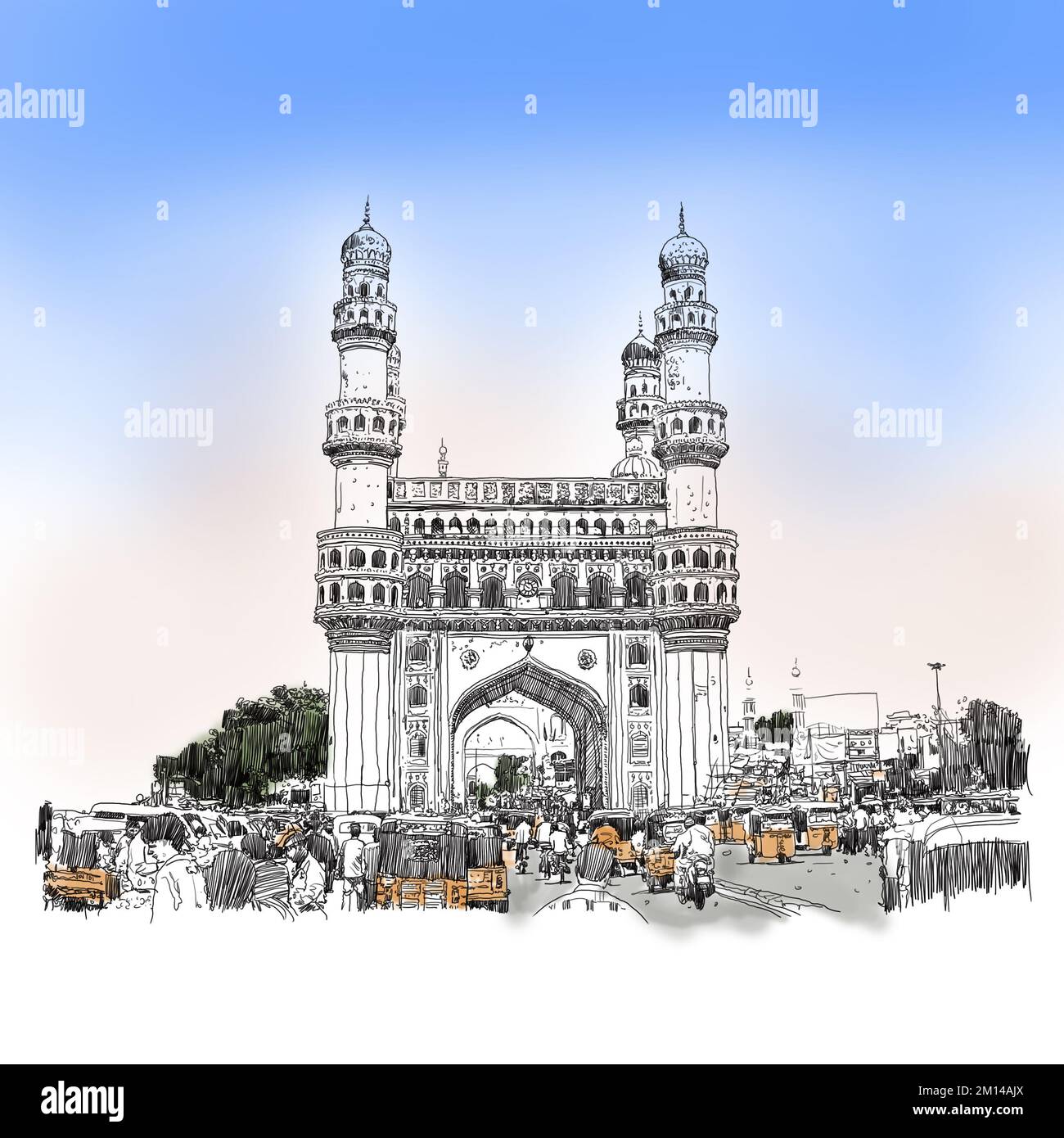 Charminar Hyderabad India, illustration or sketch, hand drawn illustration, illustration on white background Indian tourist attraction Charminar Mahal Stock Photo