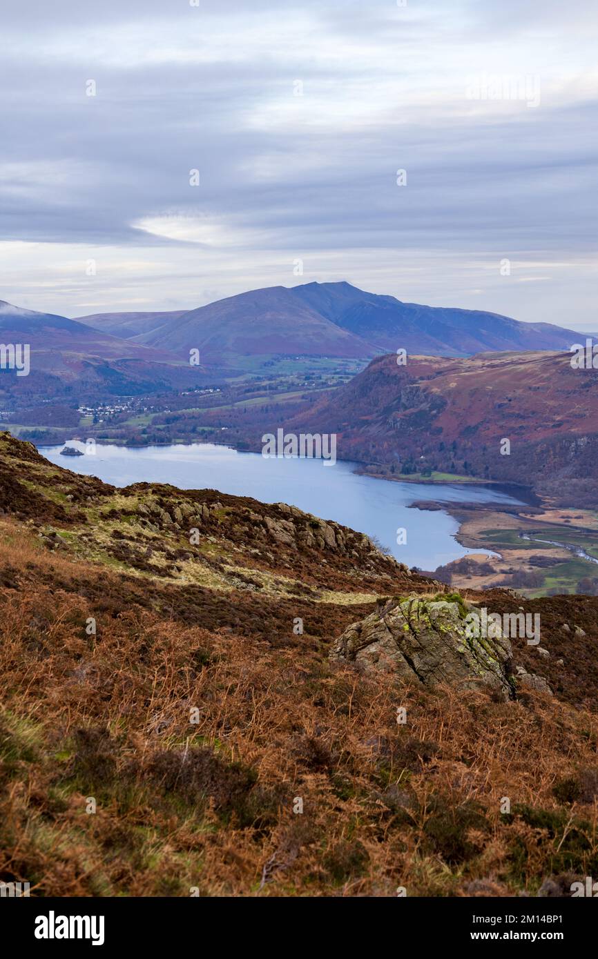 Blencathra, Derwent Water and Keswick from High Spy in the English Lake District Stock Photo