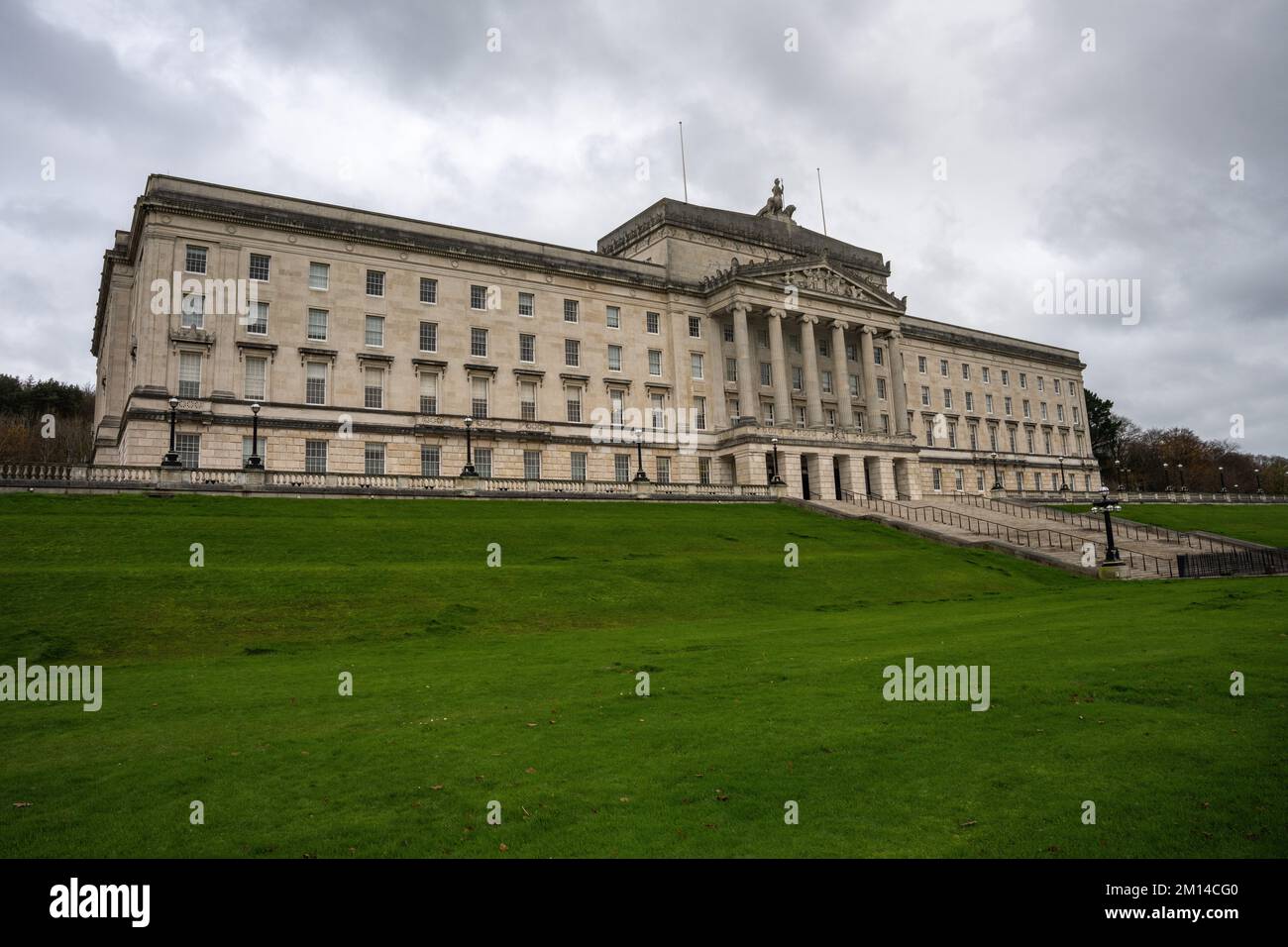 Belfast City, Antrim, Northern Ireland, November 30th 2022. Front of Stormont, Northern Irish House of Parliament, view from left side Stock Photo