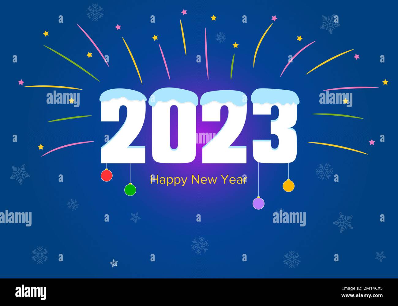 inscription of new year 2023 with snow, fireworks, snowflakes and hanging glass toys Stock Vector