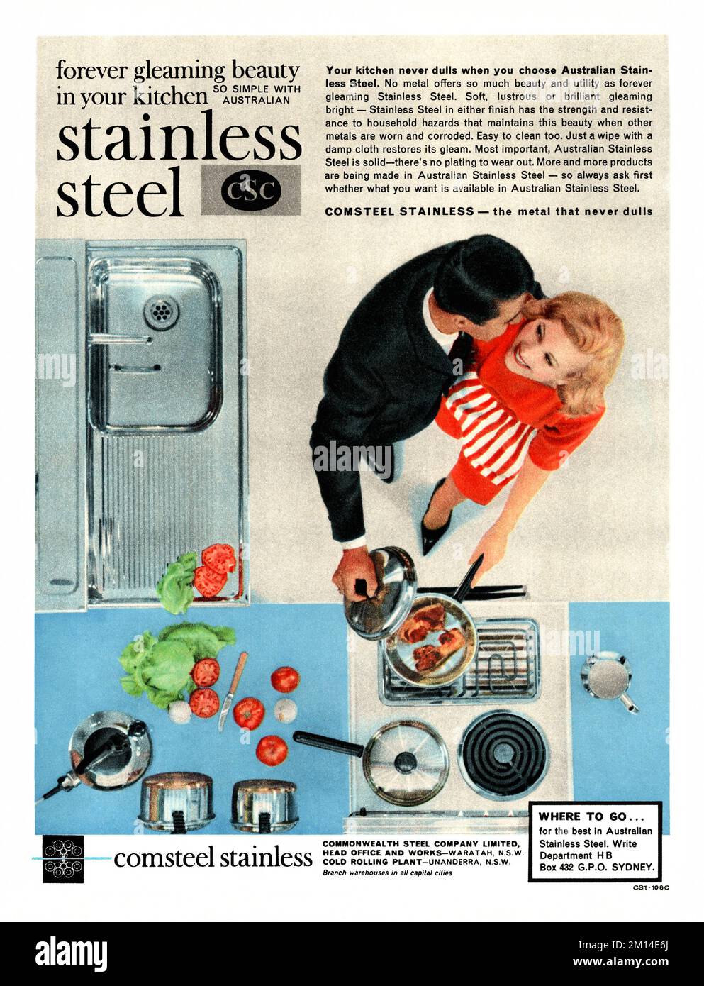A 1960s advert for a Comsteel stainless steel kitchen sink – it appeared in an Australian magazine in 1963. The overhead photograph shows the sink and food being prepared by a couple. The advert states that the sinks are made from metal that will never dull. Comsteel is the Commonwealth Steel Company and is based in Waratah, a suburb of Newcastle, NSW, Australia. The company specialises in steel products for the rail industry – vintage nineteen sixties graphics. Stock Photo