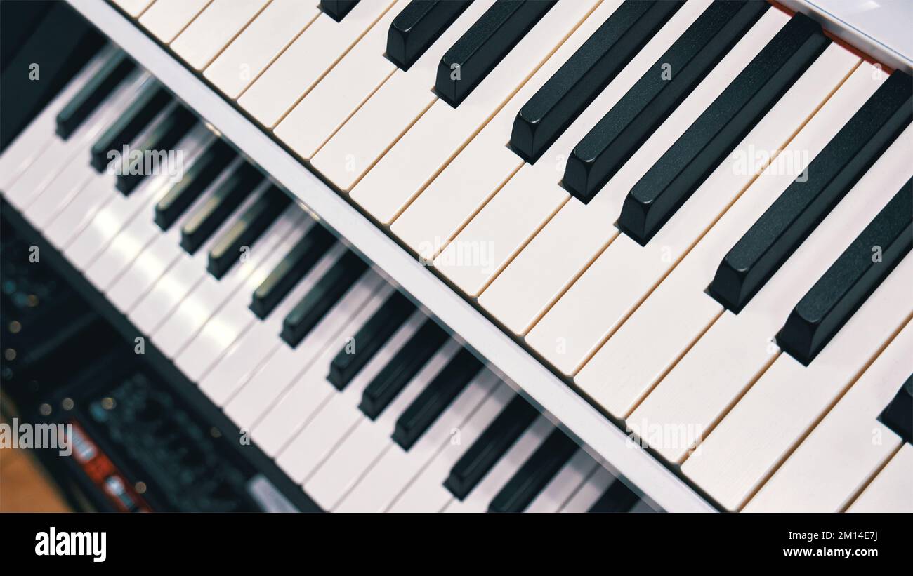 Digital keyboard instruments in a music store, close-up top view Stock ...