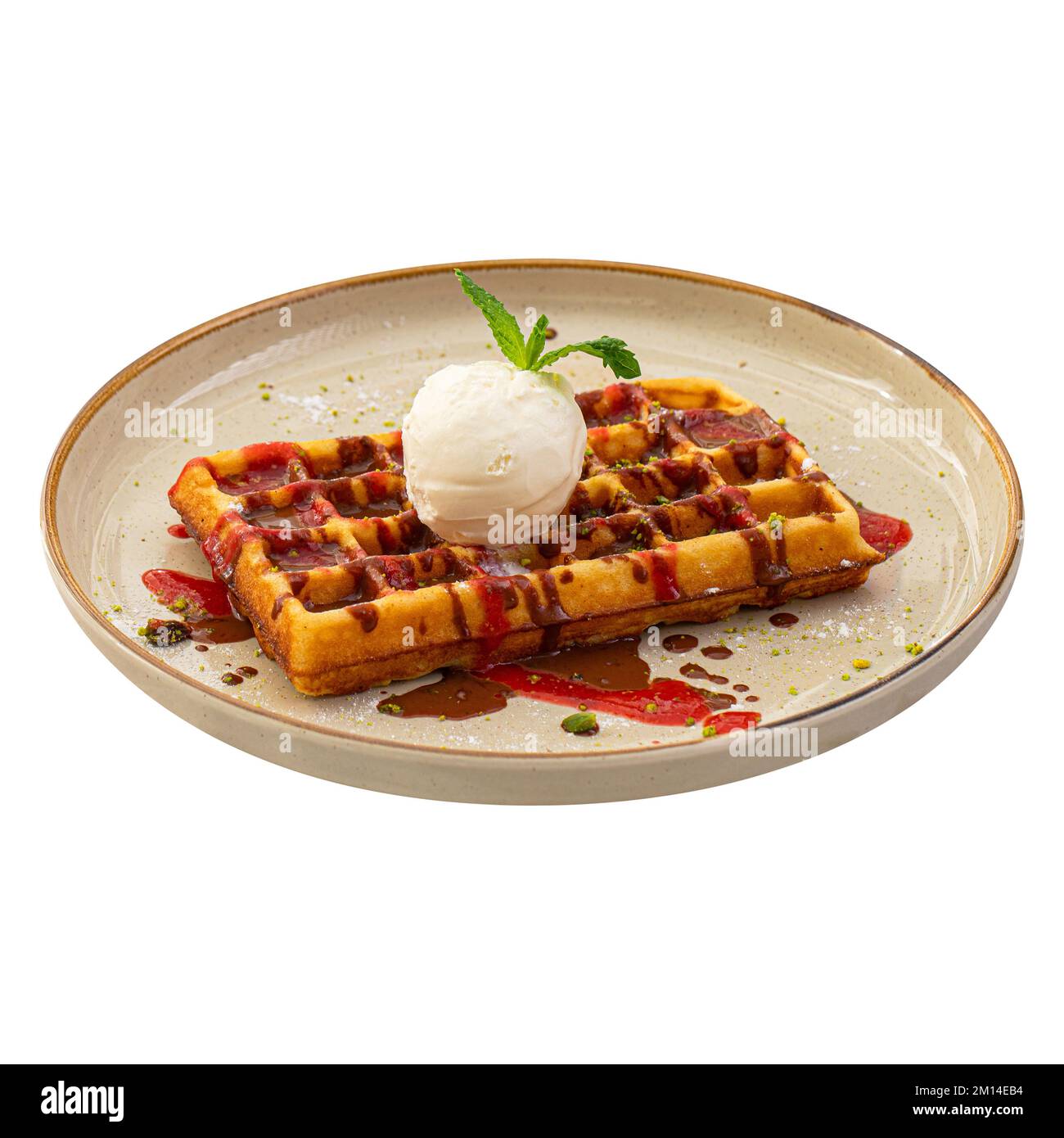 Portion of sweet belgian waffles with ice cream Stock Photo