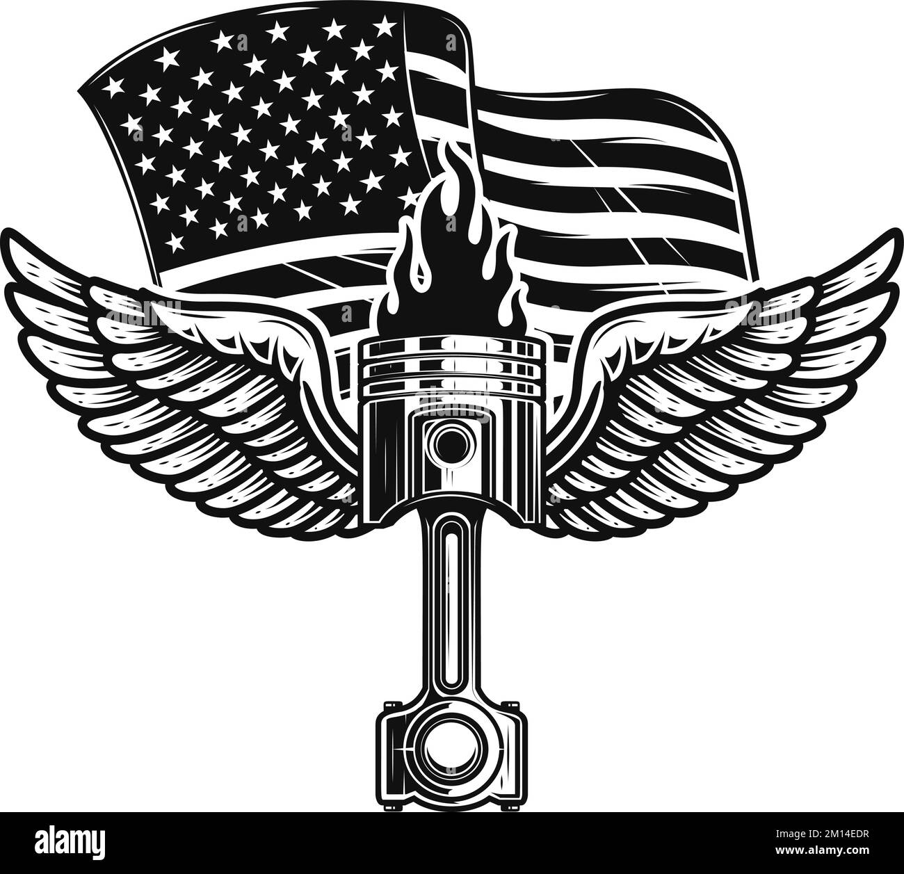 Illustration of winged piston on american flag background. Design element for poster, card, banner, sign, emblem. Vector illustration Stock Vector