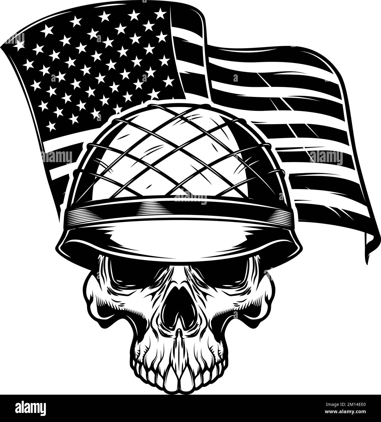 Skull in army helmet on usa flag background. Soldier skull. Design element for poster, card, banner, sign. Vector illustration Stock Vector