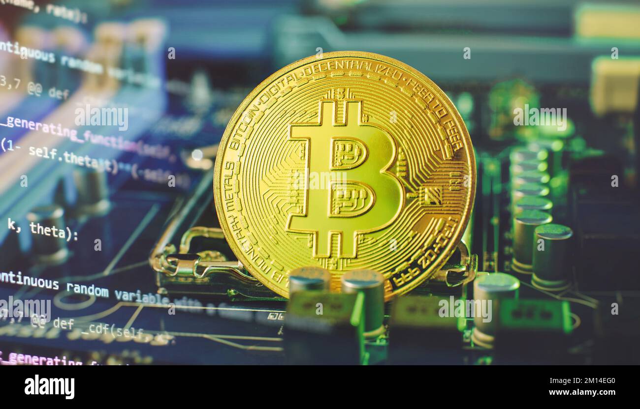 Blockchain technology bitcoin mining concept. Bitcoin golden coin on ...