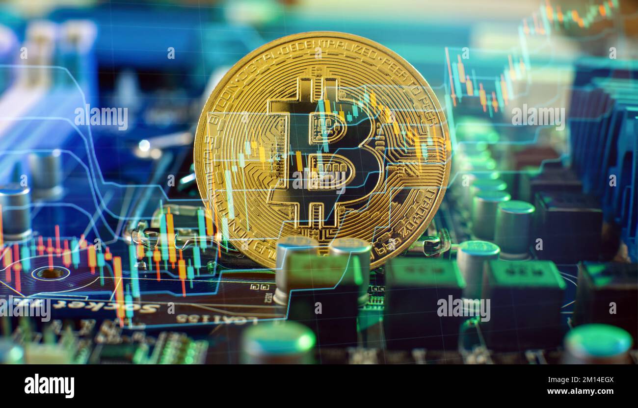 Blockchain technology bitcoin mining concept. Bitcoin golden coin on ...