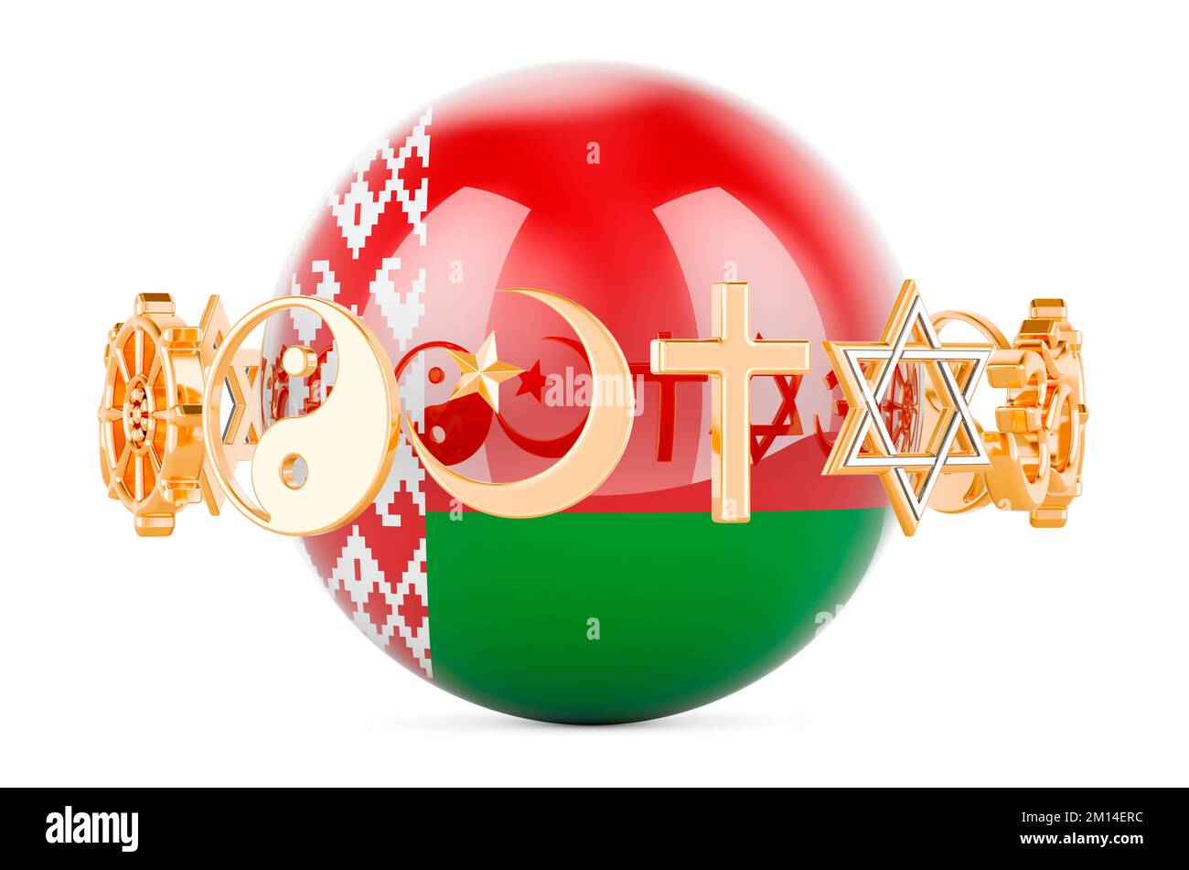 Belarusian flag painted on sphere with religions symbols around, 3D rendering isolated on white background Stock Photo